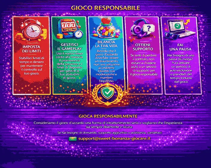 Banner sul gioco responsabile con consigli per impostare limiti gestire il gameplay bilanciare la vita ottenere supporto e fare una pausa con contatto support@sweet-bonanza-giocare.it